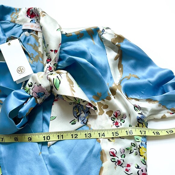 Tory Burch Printed Satin Bow Blouse Porcelain Floral Size 0 NEW NWT w/ flaws - Picture 10 of 15